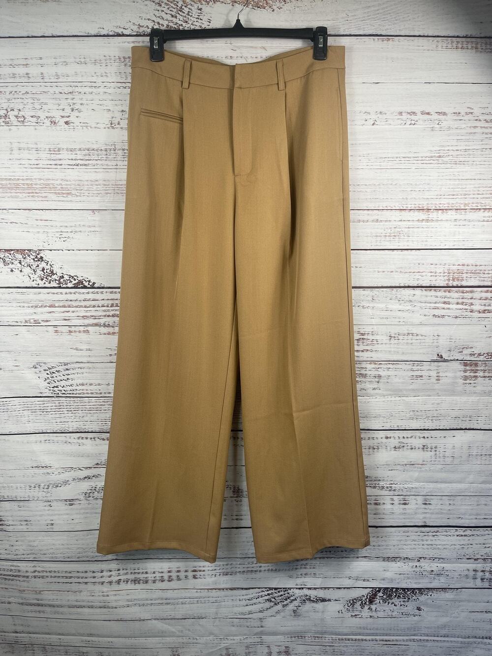 ANEWSTAR Pants Women's Size 12 Beige Twill Wide Leg Stretch Dress Work Career